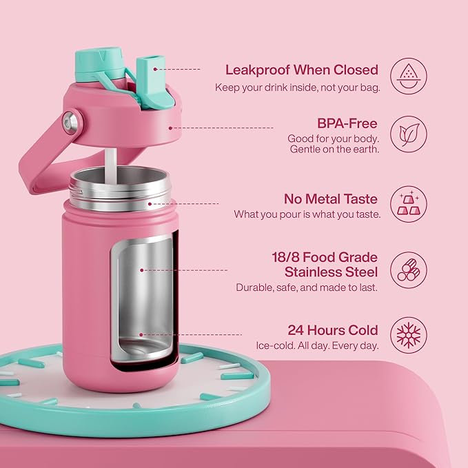 Kids Insualated Water Bottle with Straw - 12oz Stainless Steel Water Bottle with Dual Spouts, Leak-Proof, BPA-Free, Double Wall Vacuum Keeps Cold for 24 Hours for Sports, Travel, School (Tulip)