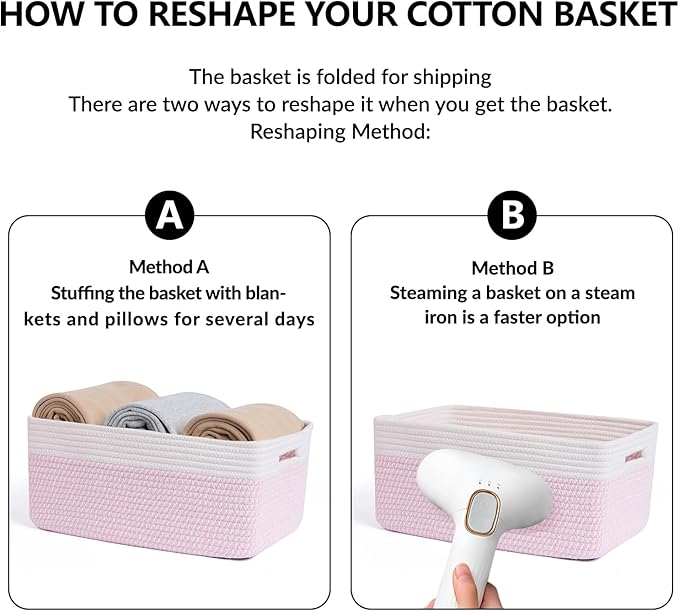 Large Storage Baskets for Shelves, Closet Organizers Bins for Clothes Blanket Towels, Baby Nursery, Toy Baskets Box, Woven Rope Baskets, 17 x 13 x 7.5”, 2 Packs Woven Pink