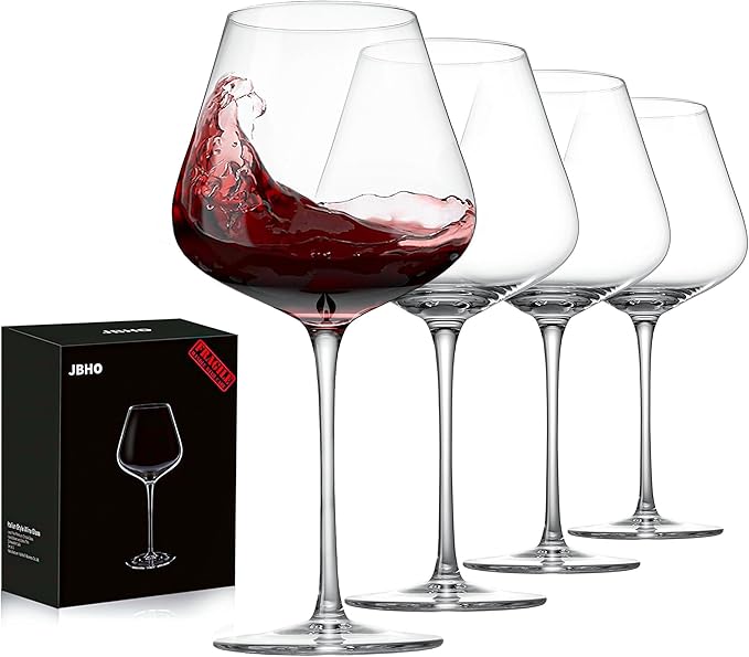 JBHO Set of 4-21 Ounce Hand Blown Italian Style Crystal Burgundy Wine Glasses - Lead-Free Premium Crystal Clear Glass - Gift-Box for any Occasion