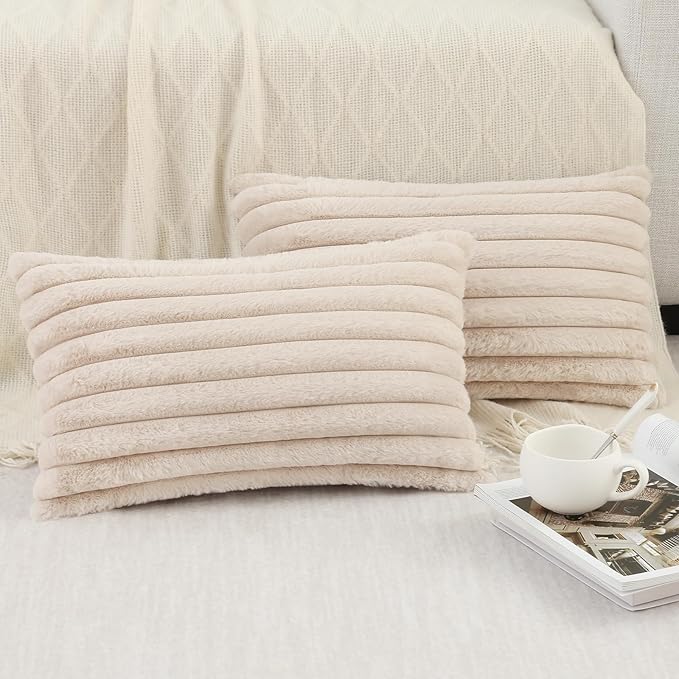 Pallene Faux Fur Plush Lumbar Throw Pillow Covers 12x20 Set of 2, Luxury Soft Fluffy Striped Decorative Pillow Covers for Sofa, Couch, Living Room, Apricot