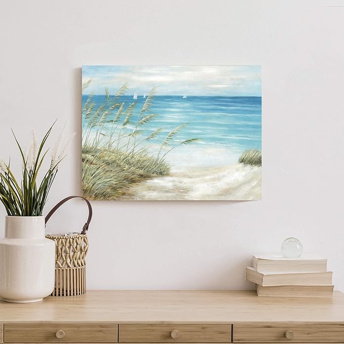 Beach Sea Canvas Wall Art: Seaside Coastal Reed Painting Blue Ocean Nautical Picture Modern Minimalist Seascape Grass Path Artwork Decor for Living Room Bedroom