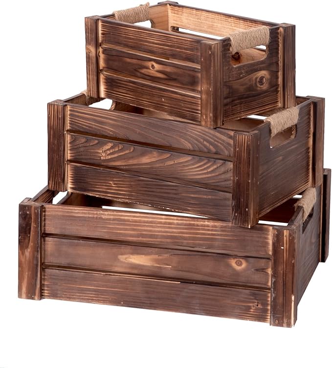 TIMRIS Set of 3 Rustic Wood Nesting Crates, Farmhouse Wooden Storage Container Boxes with Cutout Handles, Decorative Wooden Baskets for Display (Rustic Brown)