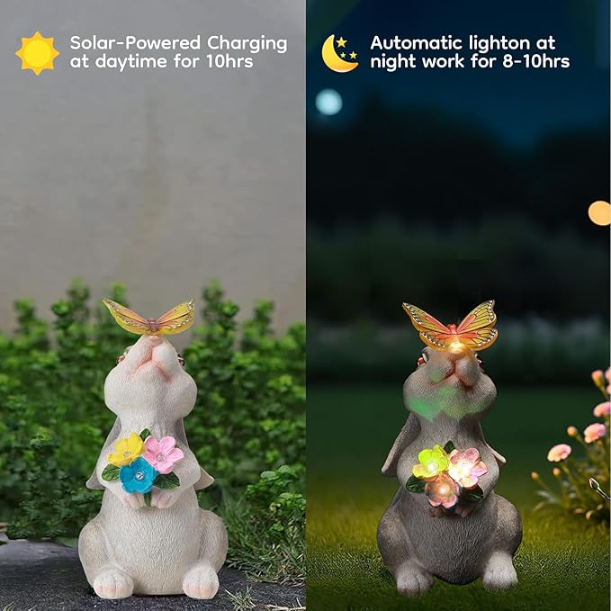 Solar Bunny Statues Light for Garden - Color-Changing Rainbow LED Butterfly,Rabbit Figurine Decor Auto On/Off,Easter Gifts for Yard Balcony & Patio Ornaments (Colorful Light)