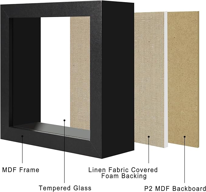 5x5 Small Shadow Box Picture Frame Display Case with Soft Linen Back, Black Wooden Memory Shadow Box Frame with Tempered Glass Cover for Wall or Tabletop Display