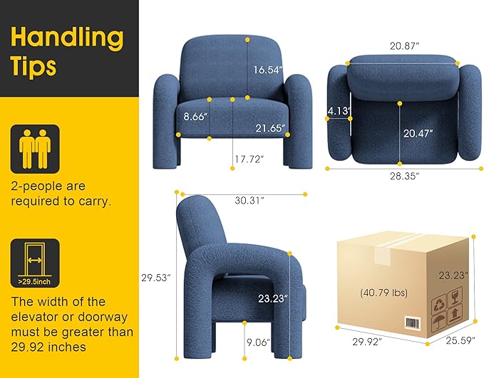 Modern Sherpa Accent Chair, Teddy Upholstered Arm Single Sofa, Cozy Fluffy Reading Chair for Living Room, Bedrooms, Corner (Navy Blue)