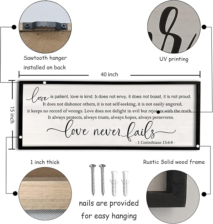 flowtorely Love is Patient, Kind Wall Art Decor 40"X15" Love Never Fails Sign 1 Corinthians 13 Bedroom Above Bed Large Bible Verse Quote Scripture Christianity Hanging Sign (Black)