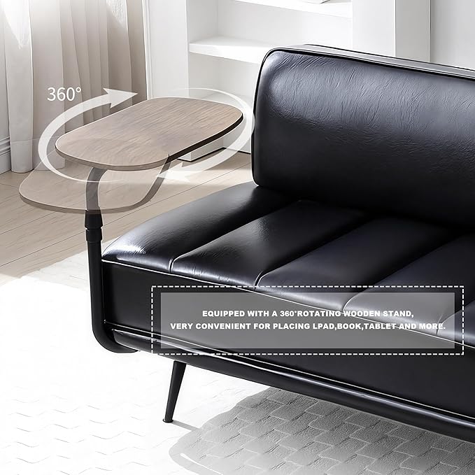 Sofa,Bed Bench,Small Spaces Furniture,Polyurethane Leather,Wood Frame,High Density Sponge Infillings,360-Degree Swivel Tray,Black Metal Leg (Black)