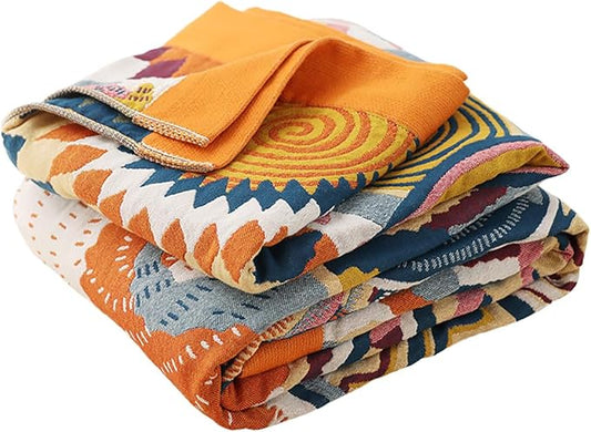 Boho Muslin Blanket for Adults 4-Layer Gauze Twin Size Soft Cozy 100% Cotton Summer Cooling Blanket Floral Decor for Sofa Bed Coverlet Both Sides (Boho Stars, Twin 60 x 80 in)
