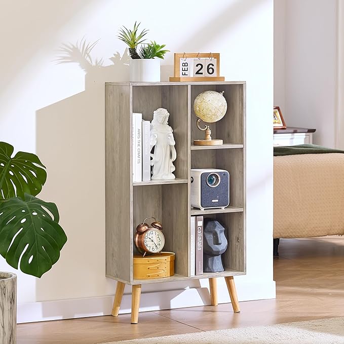 5 Cube Small Bookshelf,3 Tier Mid-Century Modern Bookcase with Legs,Wood Bookshelves Storage Organizer Shelf,Free Standing Narrow Book Shelves,Rustic Grey Corner Bookcases for Bedroom,Living Room