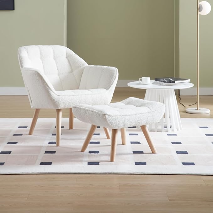 Modern Sherpa Accent Chair with Ottoman, Fluffy Upholstered Lounge Chair with Footrest, Comfy Living Room Side Boucle Armchair for Small Space Bedroom Apartment, White