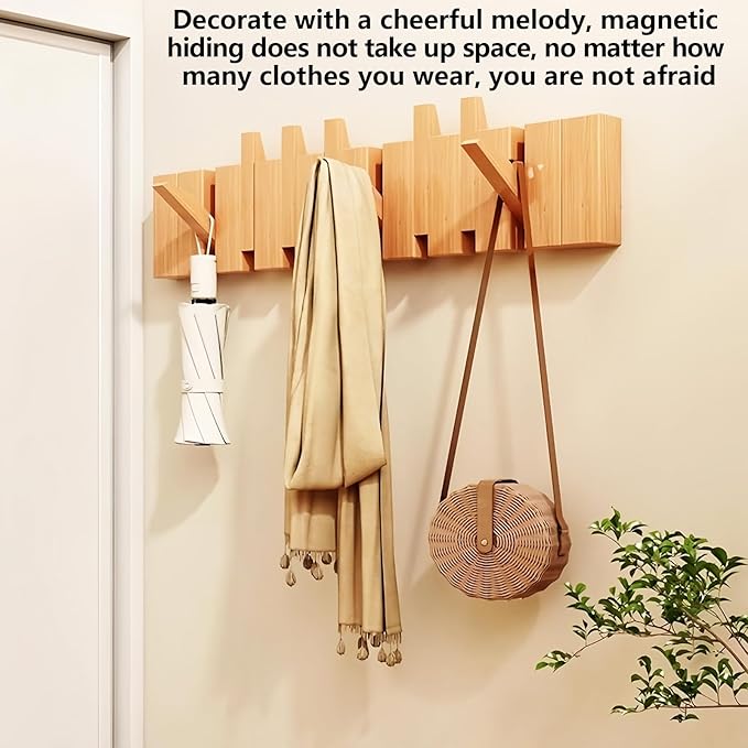 Wall Mounted Piano Key Hanger | Flip Style Hook | Entrance Wall Art Hook, Made of Oak Wood (3 Times Painted, 4 Times Polished) (Beech, 6Hooks)