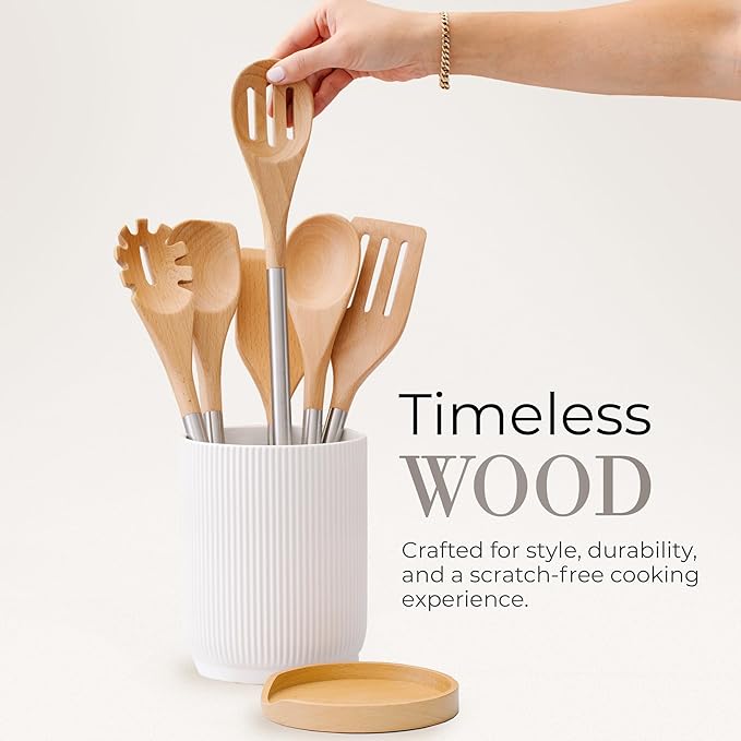 STYLED SETTINGS Wood Cooking Utensils Set with Stainless Steel Handles – 6-PC Durable Wooden Spoons for Cooking, Serving, & Mixing – Kitchen Utensils Set for Nonstick Cookware, Great for Gifting