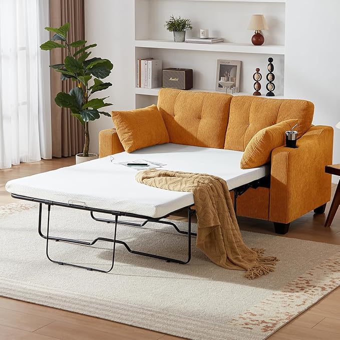 Pull Out Sofa Bed, Full Size Sleeper Sofa, 2-in-1 Convertible Corduroy Couch with USB Charging, Memory Form Couch for Living Room, Apartment and Small Space (Mustard Yellow, Corduroy - Full Size)
