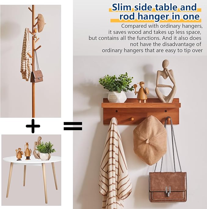 Wall Mounted Hook with Shelf,15.75in Entryway Wall Hanging Shelf,Solid Wood Coat Hooks,for Bathroom, Kitchen,Cherry Wood Color YD-WS0240C