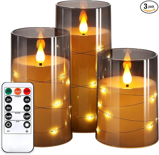 NURADA Flickering Flameless Candles: Built-in Star String Lights Unbreakable 3D Wick Acrylic Battery Operated LED Pillar Candles with Remote and Timer for Romantic Mood Home Decoration - 3 Pack Gray