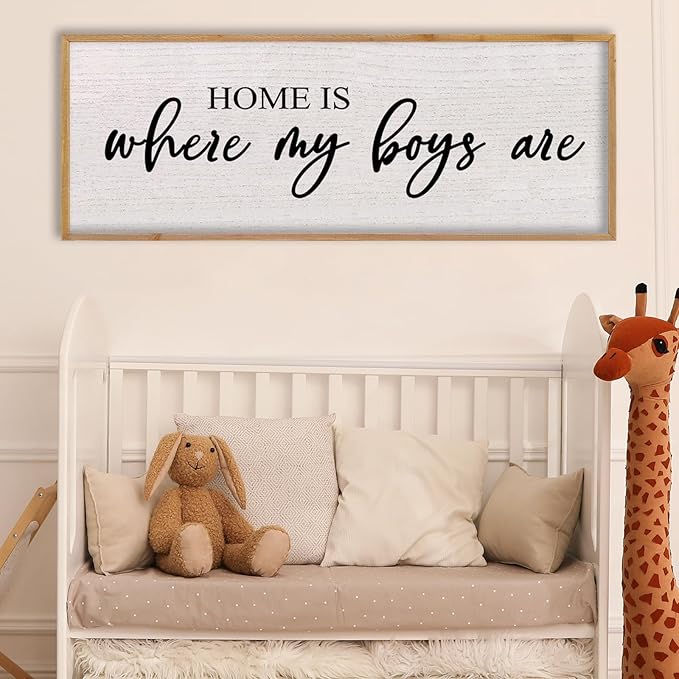 Home Is Where My Boys Are Wall Decor 40"×15" mom and her boys Sign for boys room Playroom Large Wood Framed Wall Hanging Art (Wood)
