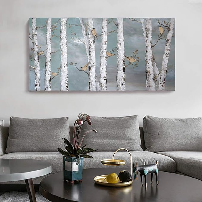 amatop Large Tree Wall Art Hand-Painted Landscape Forest Oil Painting Gallery Wrapped Framed Canvas Gold Bird Artwork 'White Birch at Night' for Living Room Bedroom Office Decor Teal White 48"x24"