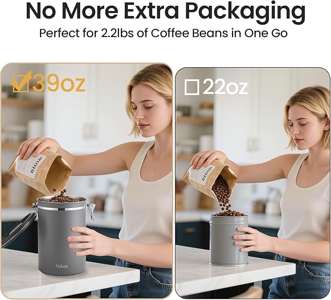 Veken Coffee Canister, 39OZ Large, Airtight Stainless Steel Food Storage Container for 2.2lbs Coffee Beans, Ground, Sugar, Tea, Flour, Rice, Cereal, Cookies Jars, Bar Accessories & Gifts, Gray