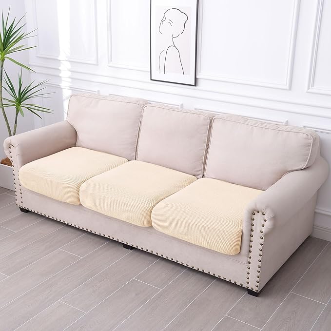 hyha Waterproof Couch Cushion Covers for Pets, Non Slip Sofa Seat Cover for Dogs Washable, Soft Thick Stretch Jacquard Fabric, Sofa Slipcovers with Elastic Bottom (3 Pieces, Beige)