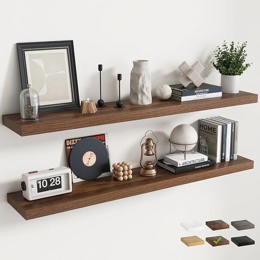 55 Inch Floating Shelves for Wall Set of 2, 8"D Wood Grain Bathroom Shelves with Invisible Brackets, Easy Install Engineered Wood Storage Shelves for Kitchen, Living Room, Bedroom, Walnut Finish