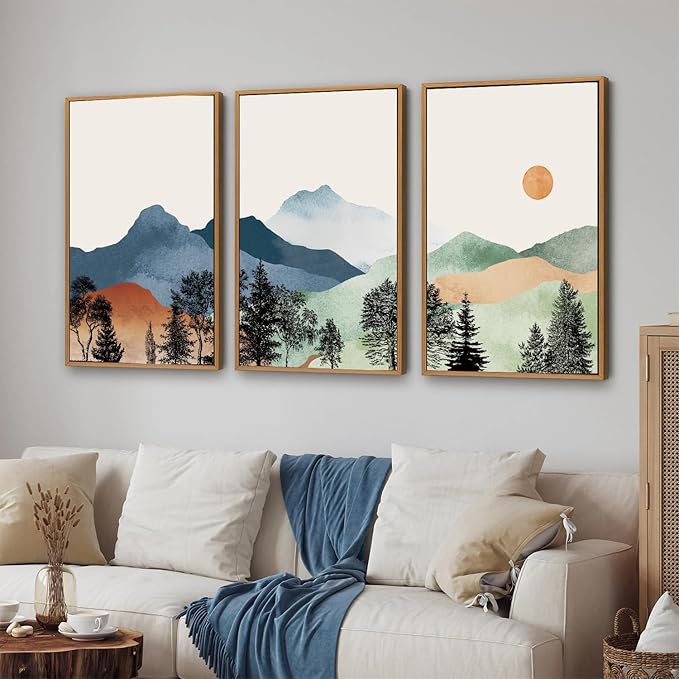 SIGNINART Boho Mountain Framed Canvas Wall Art Set of 3, Watercolor Nature Landscape Set Art Prints, Modern Sunrise Art Paintings, Green Forest Wall Decor for Living Room, Bedroom, Office 16"x24"x3