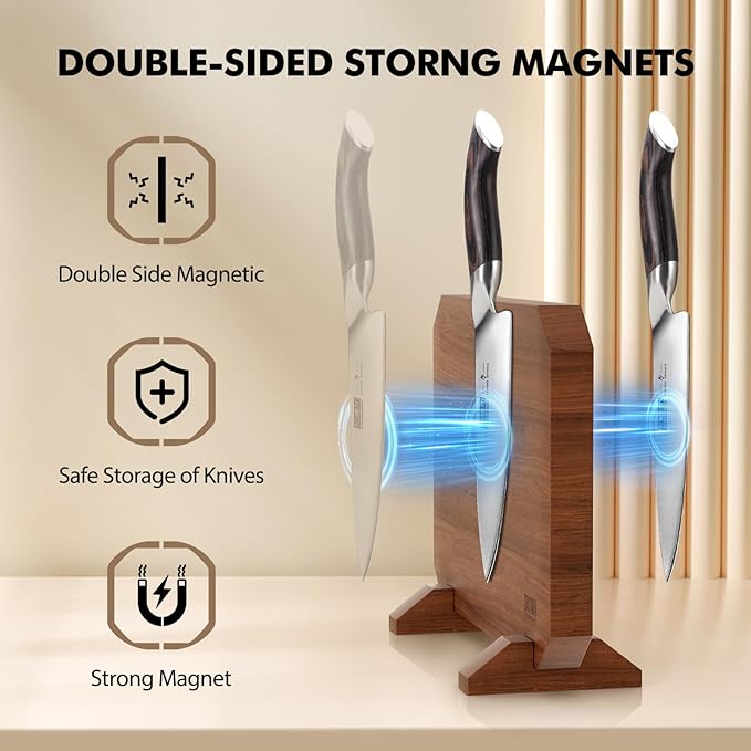 Magnetic Knife Block, Thickened Acacia Wood Kitchen Knife Holder Stand with Strong Magnets, Multifunctional Double Side Knife Storage Organizer for Kitchen Counter