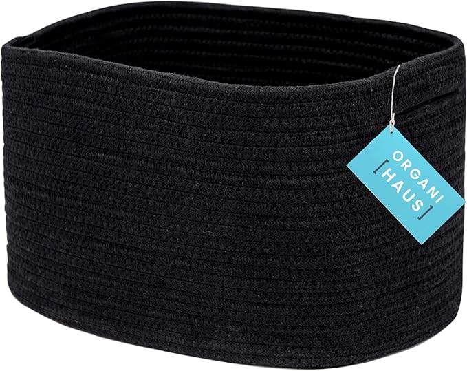 OrganiHaus Woven Storage Baskets for Organizing, Cotton Rope Organizer Bins for Shelves, Closet & Nursery, Dog Toy Basket, Decorative Bins for Toys, Towels & Books - 15x10x9, Black