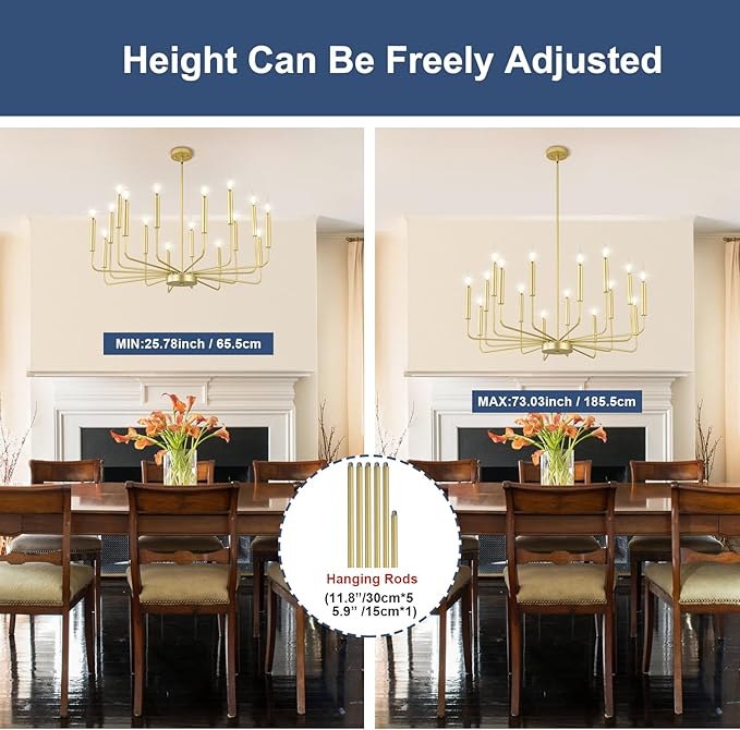 Modern Gold Farmhouse Chandeliers, 16-Light Industrial Metal Chandelier Lighting, Classic Candle Hanging Pendant Light Fixtures for Kitchen Island, Living Room, Dining Room, Stair