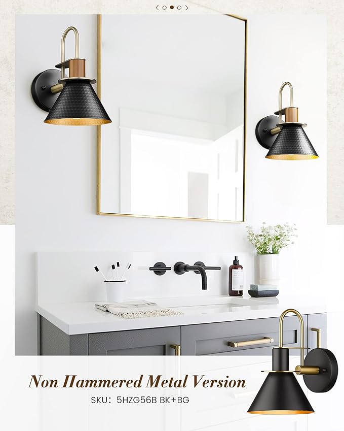 Modern Wall Sconces Set of Two, HWH Industrial Sconce Wall Lighting 1-Light, Gooseneck Barn Wall Vanity Light for Bedroom Kitchen, Hammered Metal Shade, Black and Gold Finish, 5HZG74B-2L BK+BG