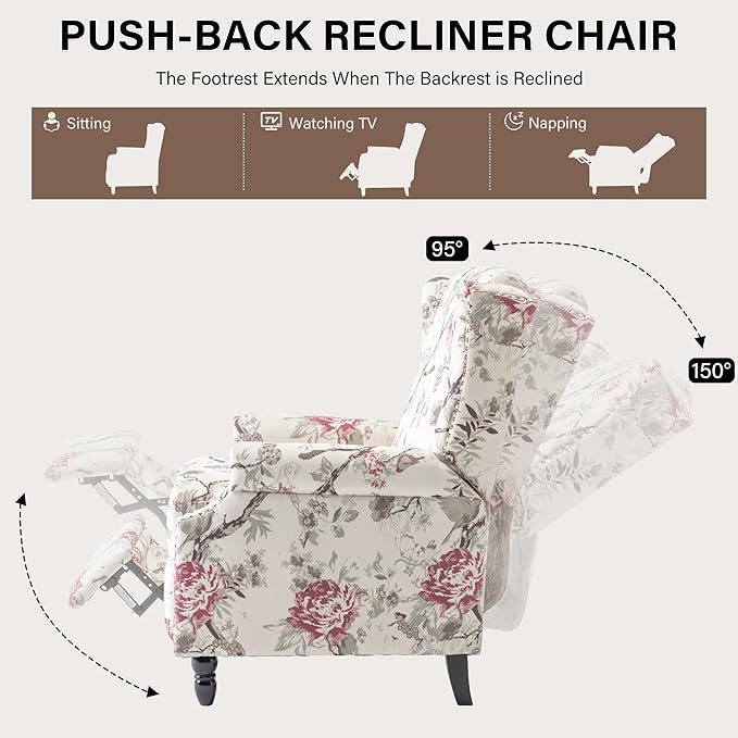 UIXE Recliner Chairs Set of 2, Fabric Armchair Upholstered Pushback Accent Chair for Living Room, Rivet Trim Club Chair Home Theater Single Sofa Bedroom Side Reading Seat - Beige Floral