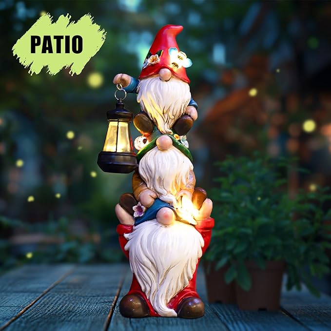 Garden Gnome Statue with Solar Lights Garden Sculptures Funny Triple Gnome Outdoor Patio Lawn Yard Balcony Garden Home Decor Birthday Gifts for Women Mom Grandma 12 in Fall Gnome