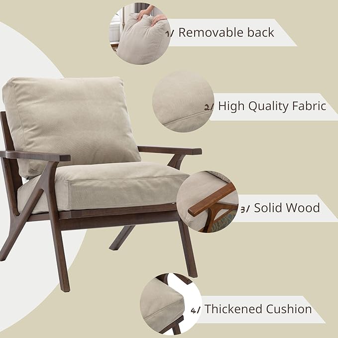 Wahson Mid Century Armchair, Accent Armchair, with Wood Frame and Canvas Cushions, Leisure Slipper Chair for Living Room/Bedroom, Beige