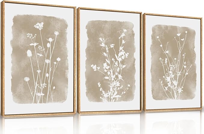 HPINUB Large Boho Wildflowers Canvas Framed Wall Art Set,Minimalist Vintage Flower Wall Decor,Beige Floral Botanical Artwork for Living Room Bedroom,Dining Room,Office -16"x24"x3