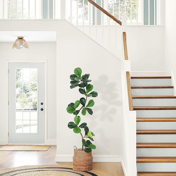 GarveeHome Fiddle Leaf Fig Artificial Tree with White Planter,5ft Faux Plants Indoor with Moss, Fake Rubber Tall Fake Floor Plant in Pot - Artificial Trees for Home Office Living Room Decor