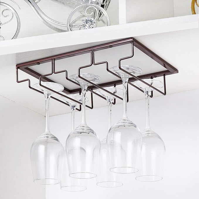 Wine Glass Rack - Under Cabinet Stemware Wine Glass Holder Glasses Storage Hanger Metal Organizer for Bar Kitchen Brown