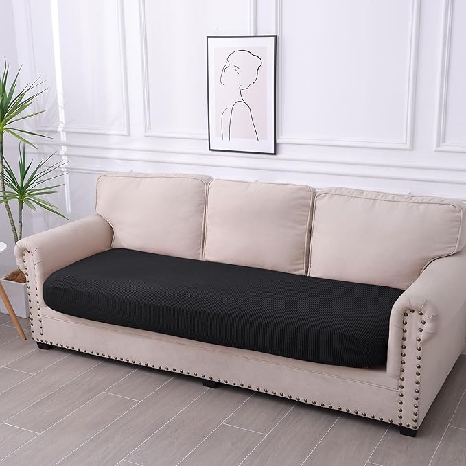 hyha Waterproof Couch Cushion Covers for Pets, Non Slip Sofa Seat Cover for Dogs Washable, Soft Thick Stretch Jacquard Fabric, Sofa Slipcovers with Elastic Bottom (1 Piece for Large, Black)