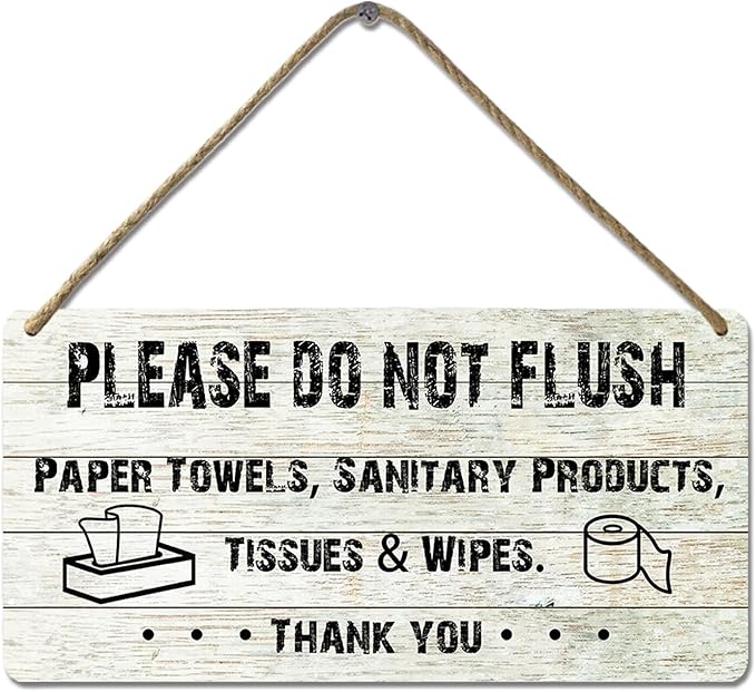 Do Not Flush Sign for Bathroom Toilet Signs Please Do Not Flush Paper Towels, Sanitary Products, Tissues & Wipes Vintage Bathroom Wooden Signs for Home Decor Funny Toilet Restroom Sign 12x6 Inch