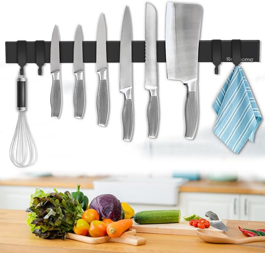 Magnetic Knife Holder for Wall 20 Inch, No Drilling black knife magnetic strip with 4 Hooks, Strong Magnet Knife Holder strip, Magnetic Knife Rack Bar for Kitchen Knives and Tools