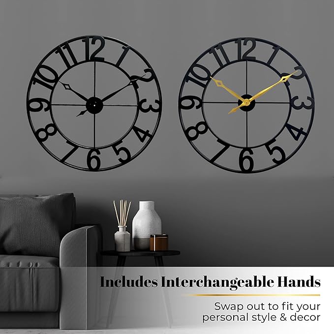CLXEAST 30 Inch Wall Clocks for Living Room Decor, Black Metal Wall Clock, Arabic Numeral
