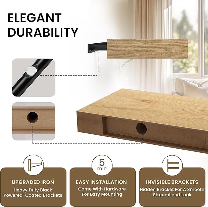 Floating Shelves for Wall, 72"W x 9.3"D x 1.5"H, Long Wooden Wall Mounted Display Shelves with Invisible Brackets for Living Room, Bedroom, Bathroom, Kitchen Decor and Storage, Set of 1, Oak