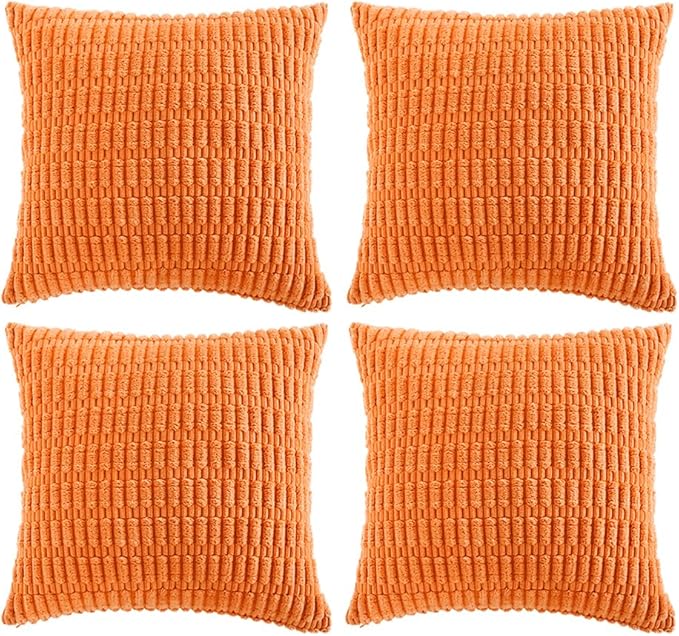 Fancy Homi 4 Packs Orange Fall Decorative Throw Pillow Covers 14x14 Inch for Couch Bed Sofa, Halloween Pumpkin Autumn Home Decor, Soft Cute Plush Corduroy Striped Cushion Case 35x35 CM