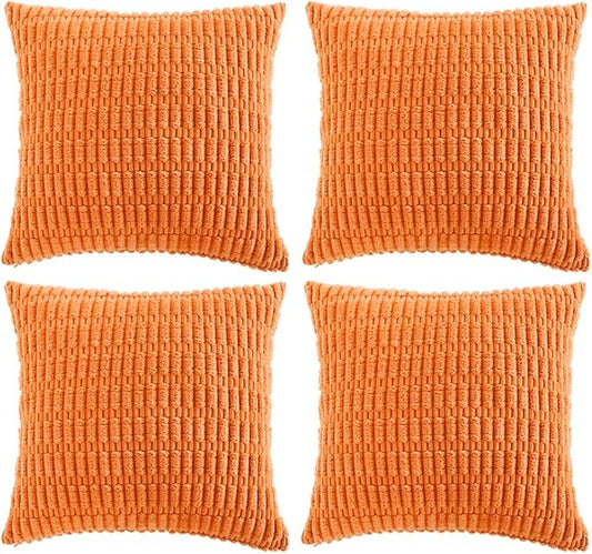 Fancy Homi 4 Packs Orange Fall Decorative Throw Pillow Covers 14x14 Inch for Couch Bed Sofa, Halloween Pumpkin Autumn Home Decor, Soft Cute Plush Corduroy Striped Cushion Case 35x35 CM