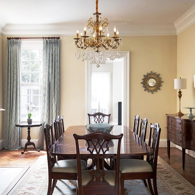 Vintage 8 Arms Crystal Chandelier Candle Light Fixture for Dining Room Living Room Bedroom Hallway Entryway Antique Gold Finish (27"-8 Lights)