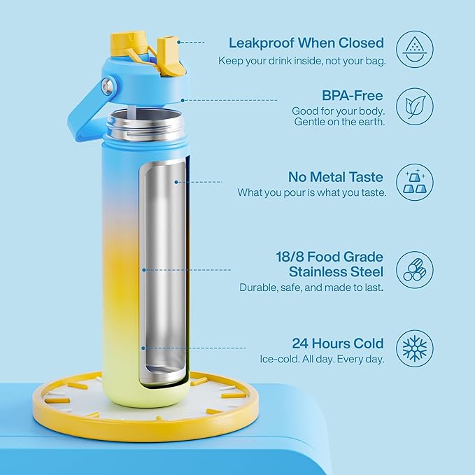 Insulated Water Bottle with Straw Stainless Steel Water Bottle, Leak-Proof, BPA-Free, Double Wall Vacuum Keeps Cold for 24 Hours for Sports, Travel, School (26 oz, Sunny Breeze)