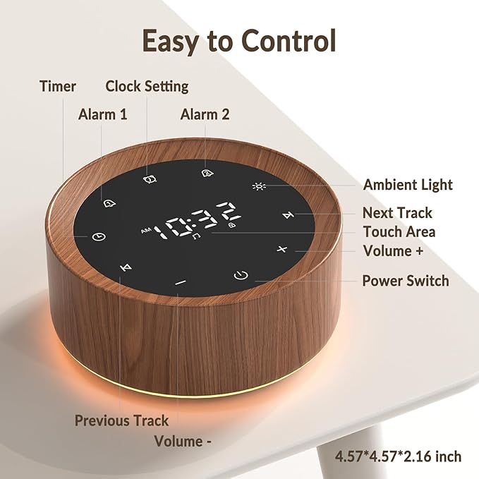 White Noise Sound Machine Alarm Clock 7 Color Night Light Sound Machine for Adult/Baby 20 Soothing Sound 31 Level Volume 6 Level Screen Brightness 5 Timer Set Memory Function Touch Control Wood Grain