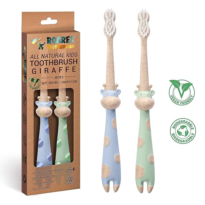 ROARex Vegan Eco Friendly All Natural Kids Toothbrush Made from Plants – Sweet Baby Giraffe | 100% Biodegradable and Compostable | 1% for The Planet Product