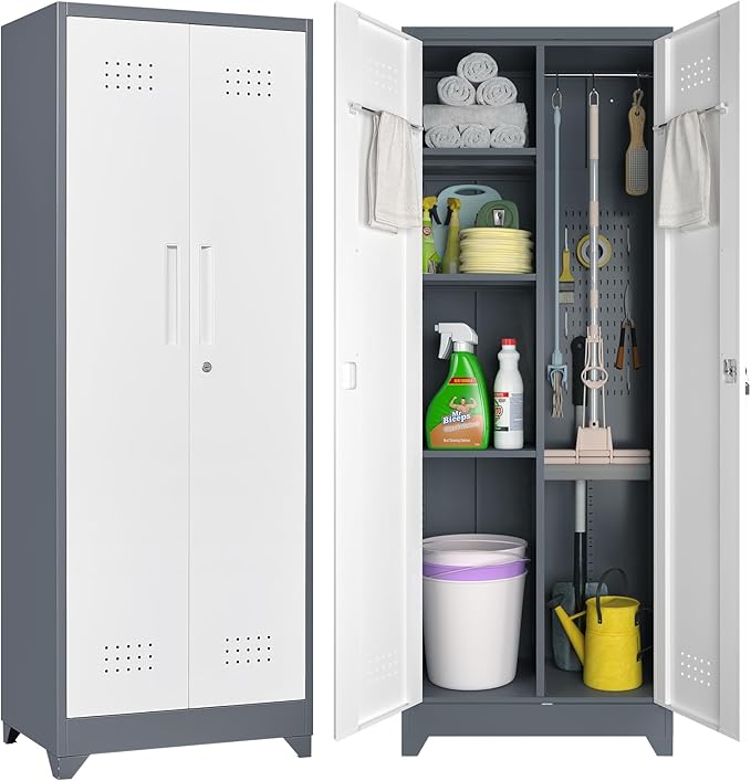 Locking Cabinet,Metal Storage Cabinet with Doors and Shelves,Broom Closet Storage Cabinets for Bedroom,Home Office,Grey-White
