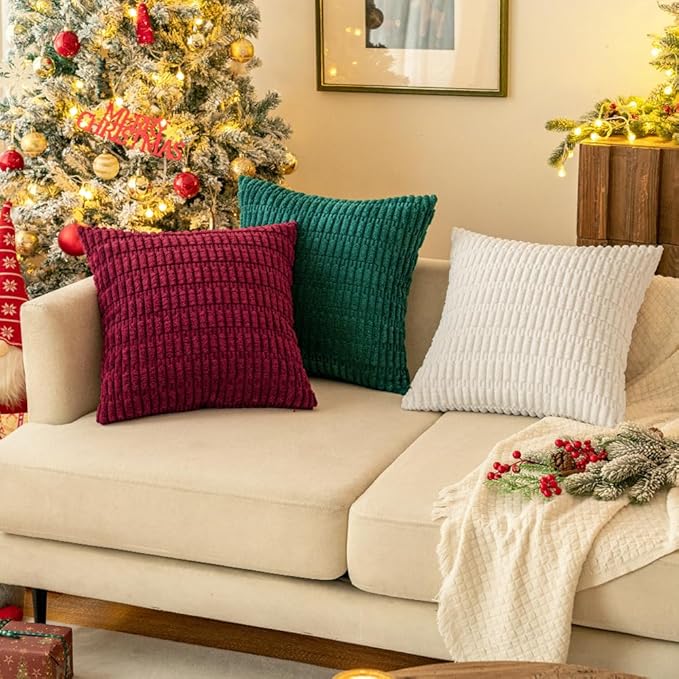 MIULEE Pack of 2 Christmas Burgundy Corduroy Decorative Euro Sham Pillow Covers 22x22 Inch Soft Boho Striped Throw Pillow Covers Modern Farmhouse Home Decor for Sofa Living Room Couch Bed