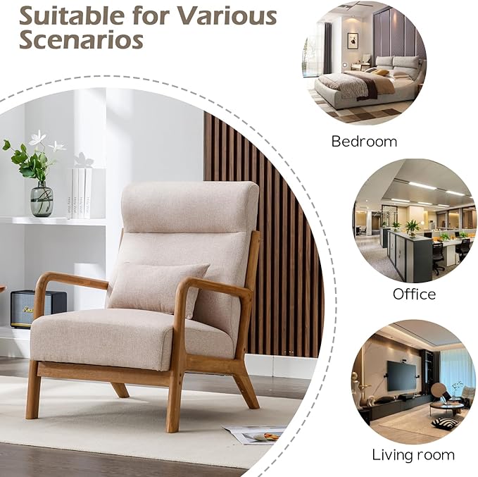 INZOY Mid Century Modern Accent Chair with High Back, Upholstered Living Room Chairs with Waist Cushion, Wood Frame Reading Armchair for Bedroom Sunroom, Beige