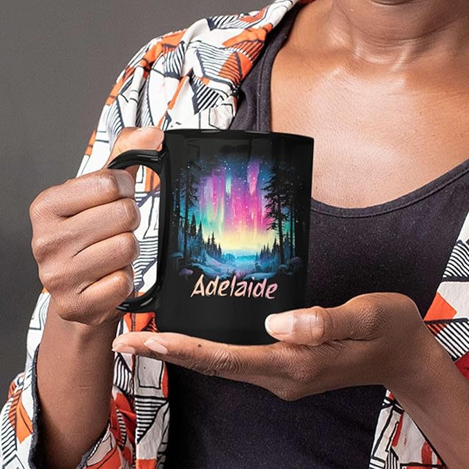 Personalized Winter Landscape Coffee Mug, Custom Northern Lights Ceramic Cup, Enchanted Forest With Vibrant Sky Mug, Custom Choose Name Black Mug 11oz 15oz, Gift For Nature Lovers